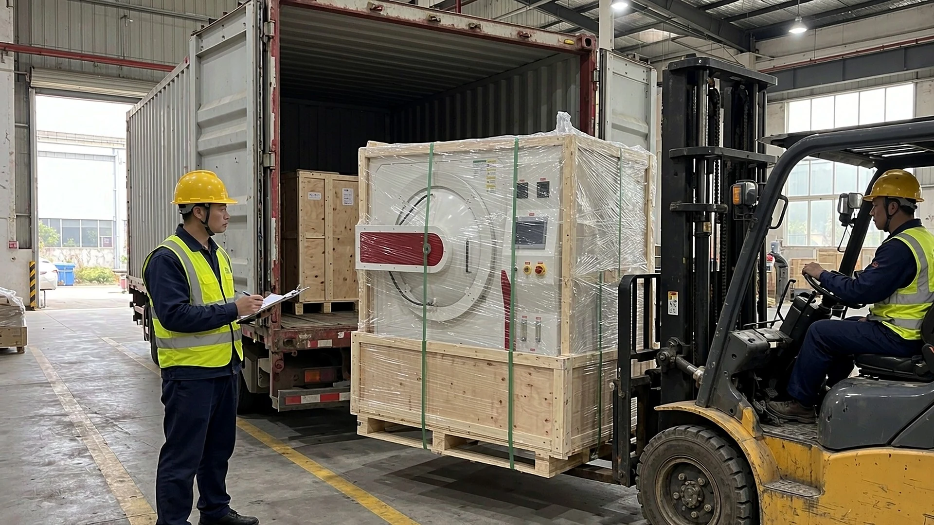 Forklift positioning a wrapped and timber-framed furnace beside an open shipping container